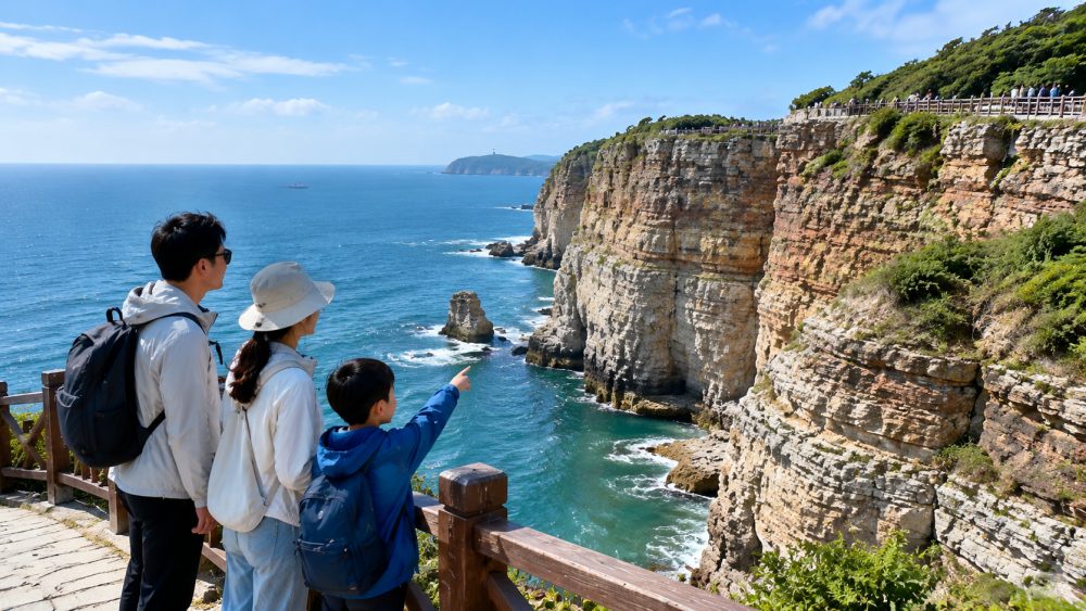 一家三口在长岛九丈崖多留了半天,海岛游开始多一种走法