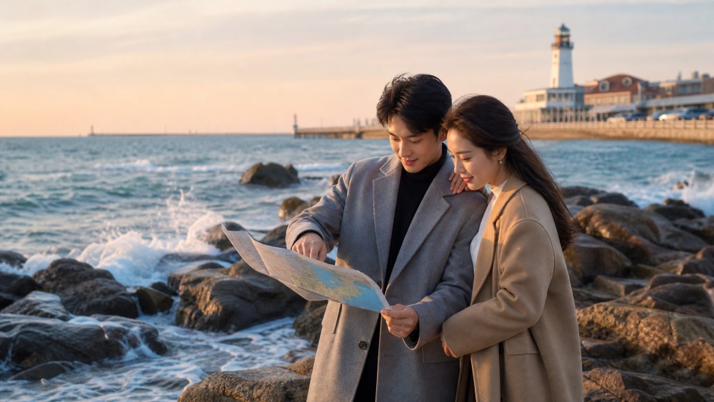 新人在海边礁石旁拍婚纱照