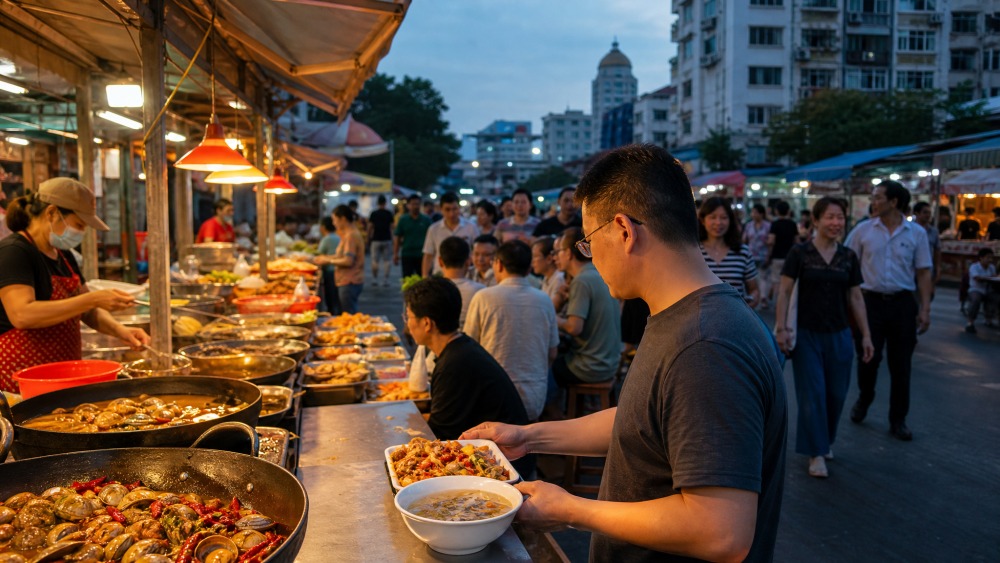 南洪街老店摊前食客挑选小吃