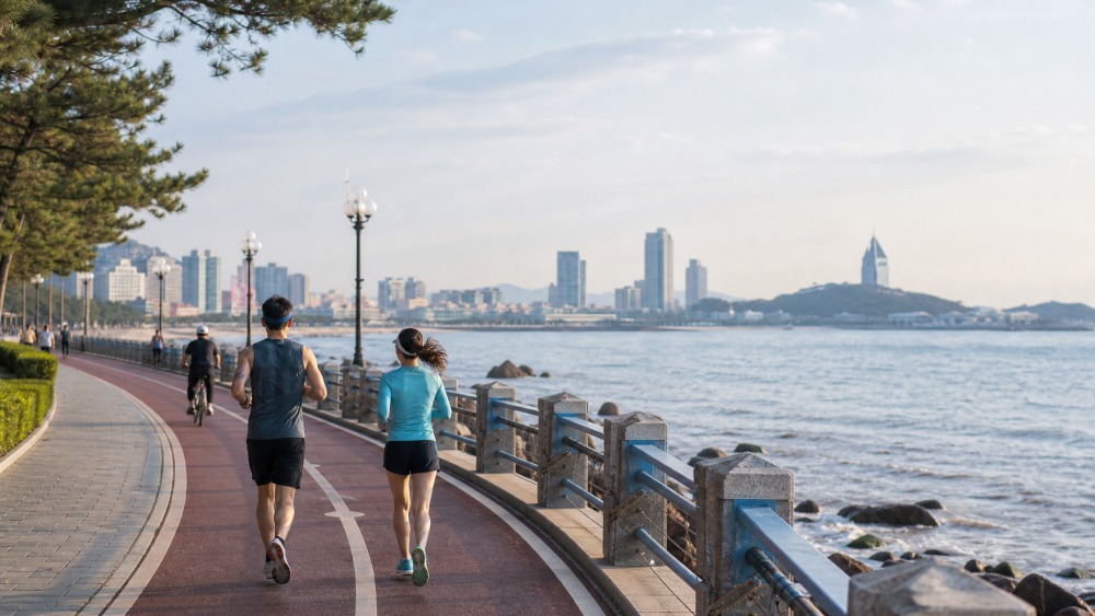 海边慢跑者与远处海面