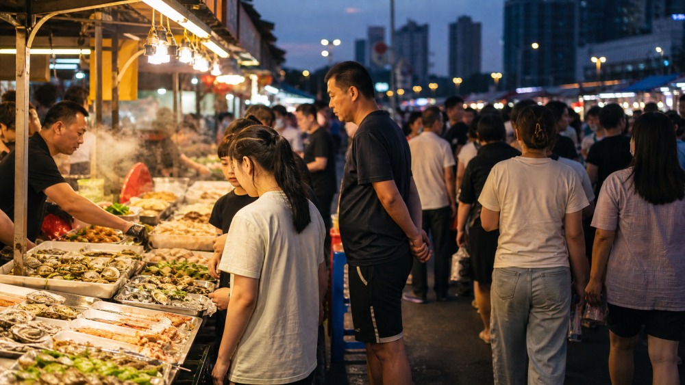 蓬莱海边市集的乐队与夜游人群
