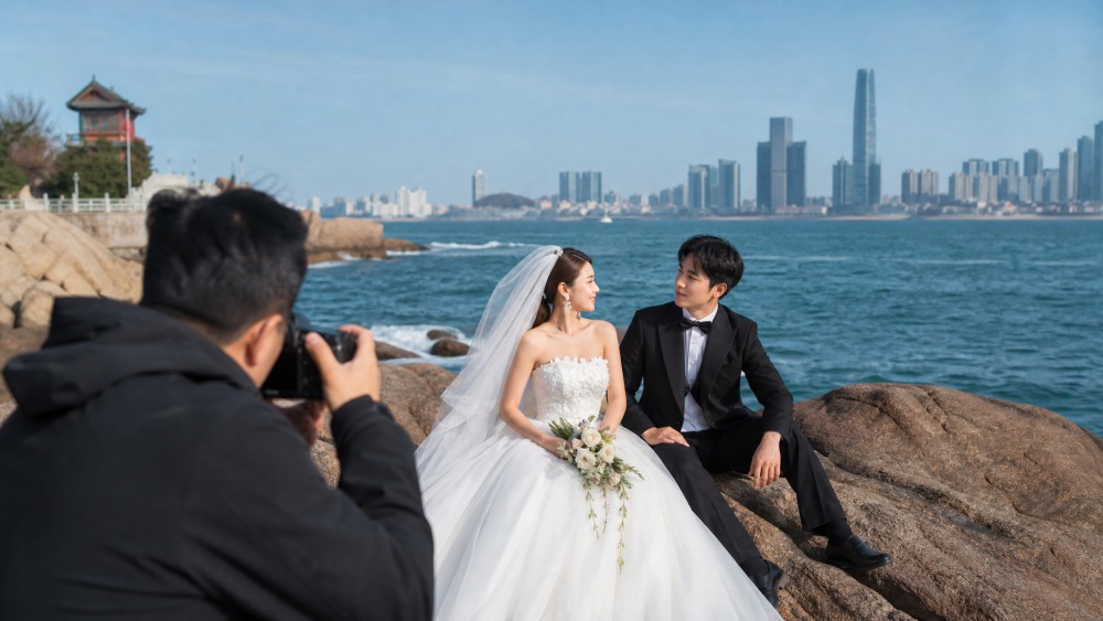 新人在海边并肩拍摄婚纱照