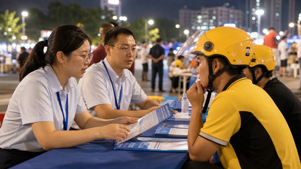 务工人员在宣传摊位询问参保办法