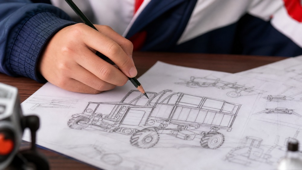 学生绘制果园运输车结构图