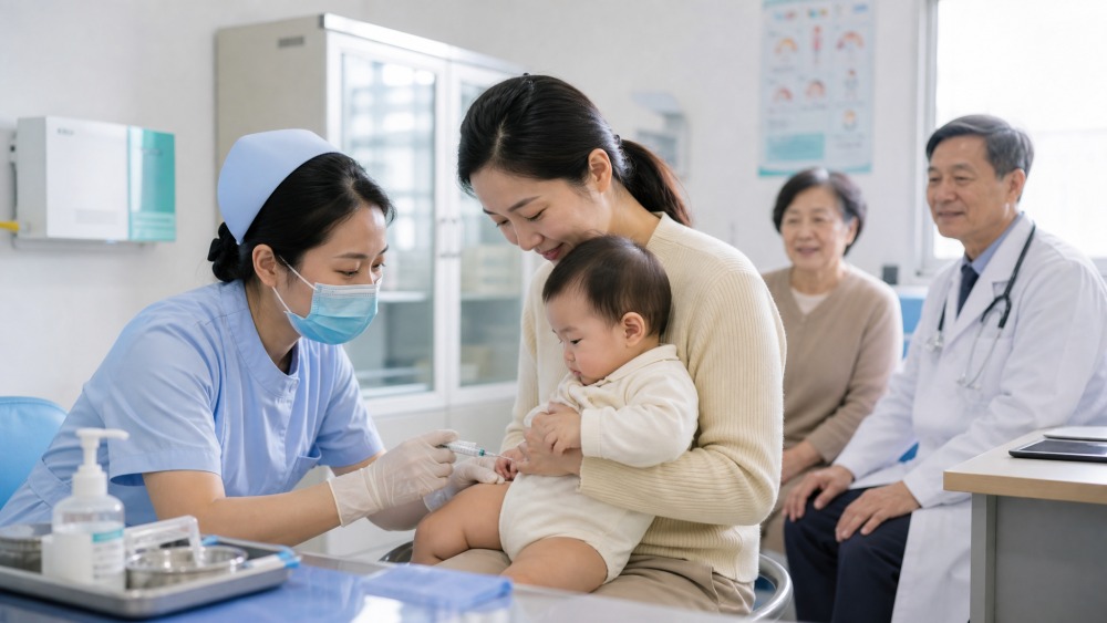 家长带孩子在接种门诊登记
